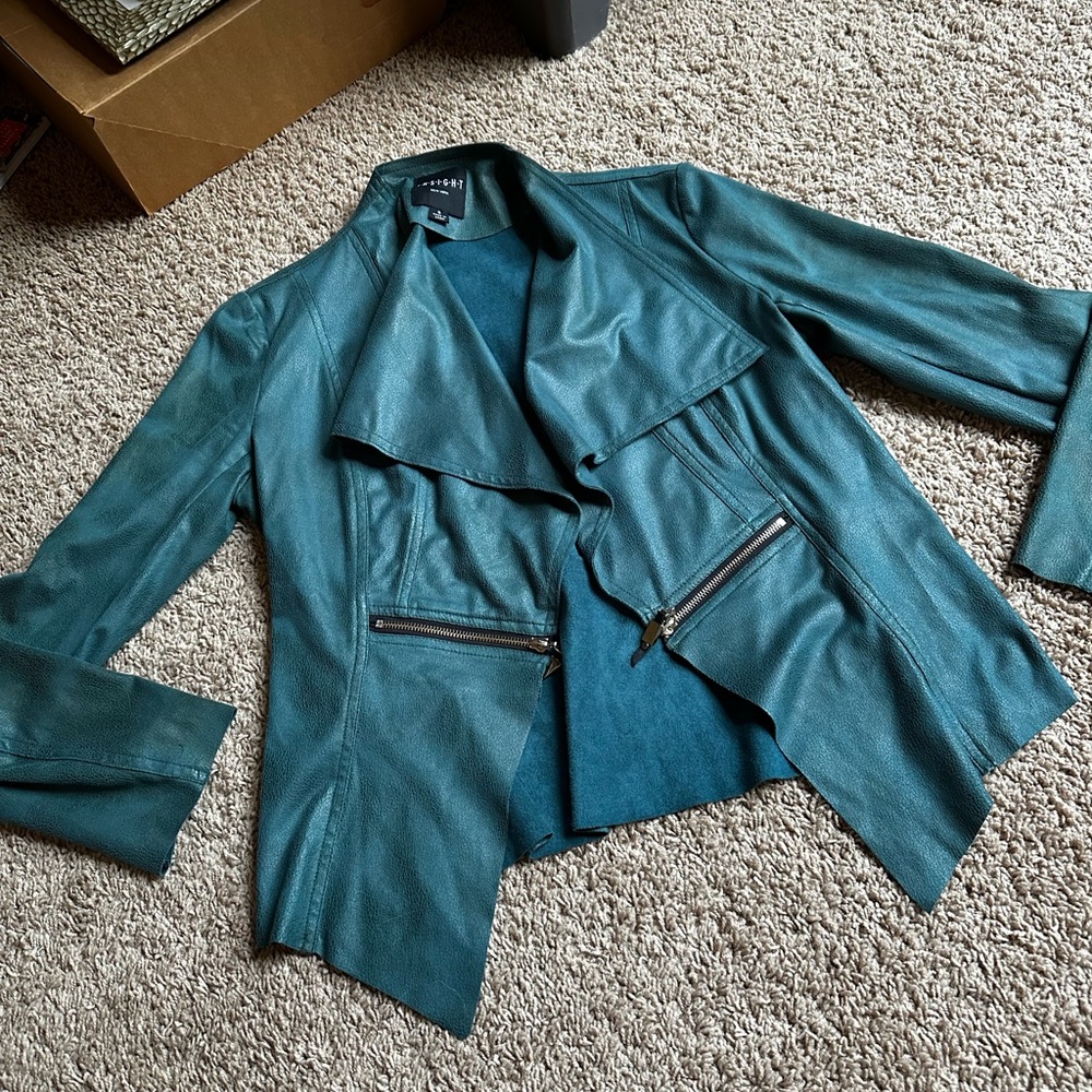 Gorgeous teal faux leather jacket, size 8